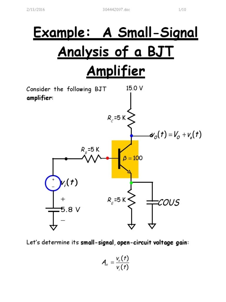Example a Small Signal Analysis of a BJT Amp Bipolar Junction Transistor Amplifier