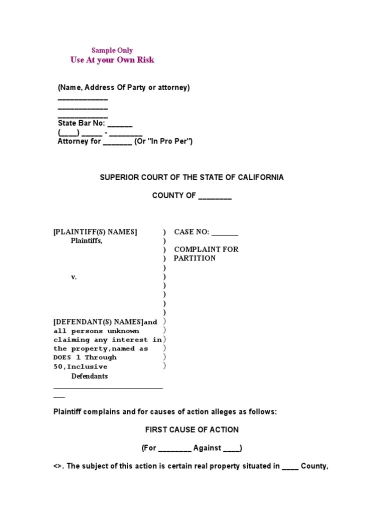 Complaint For Partition PDF Lawsuit Complaint