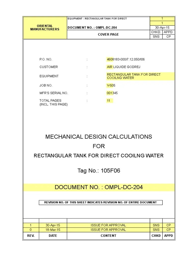 Rectangular Tank Design Exel PDF Bending Pressure