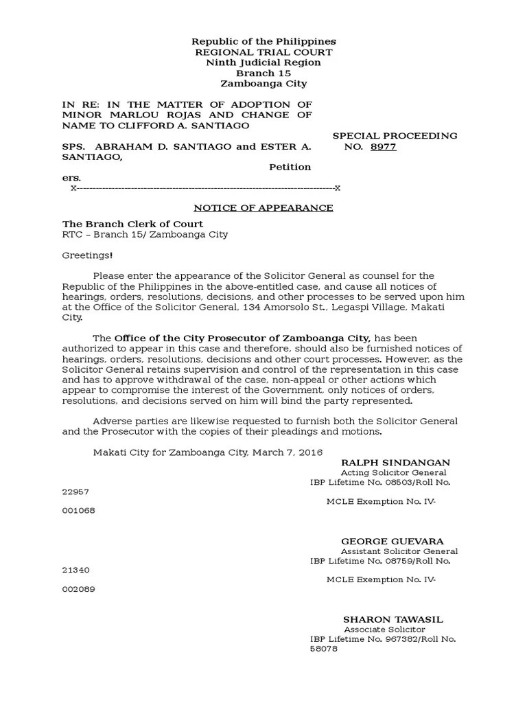 Sample Notice of Appearance