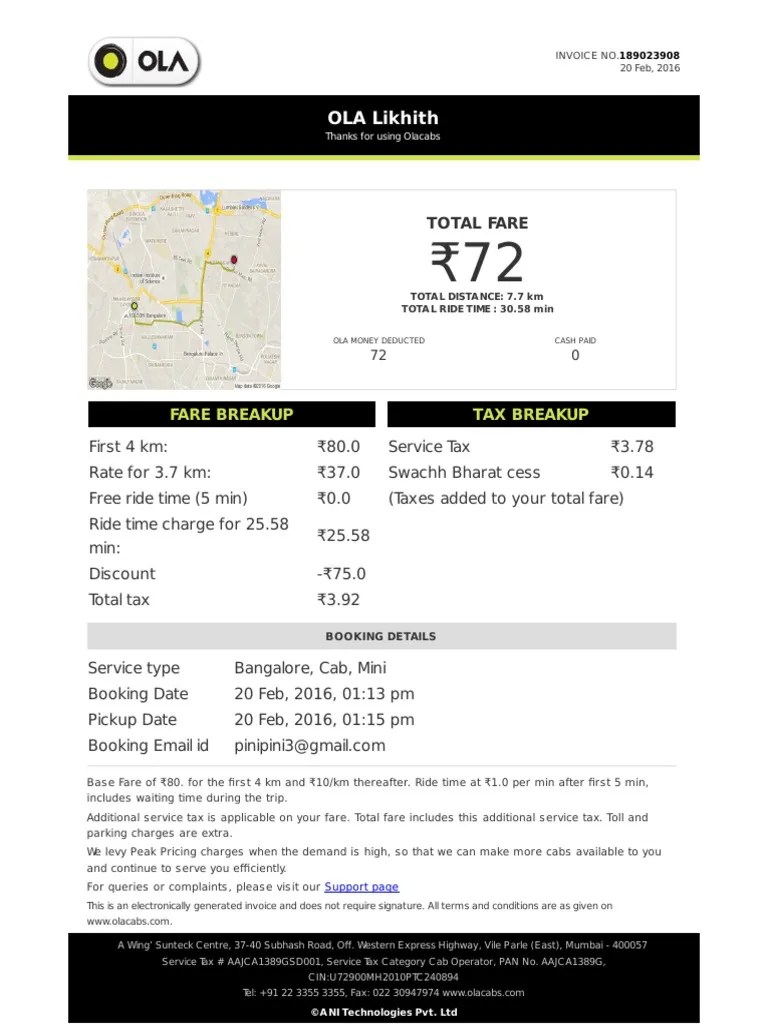 Ola Cabs Olacabs Invoice