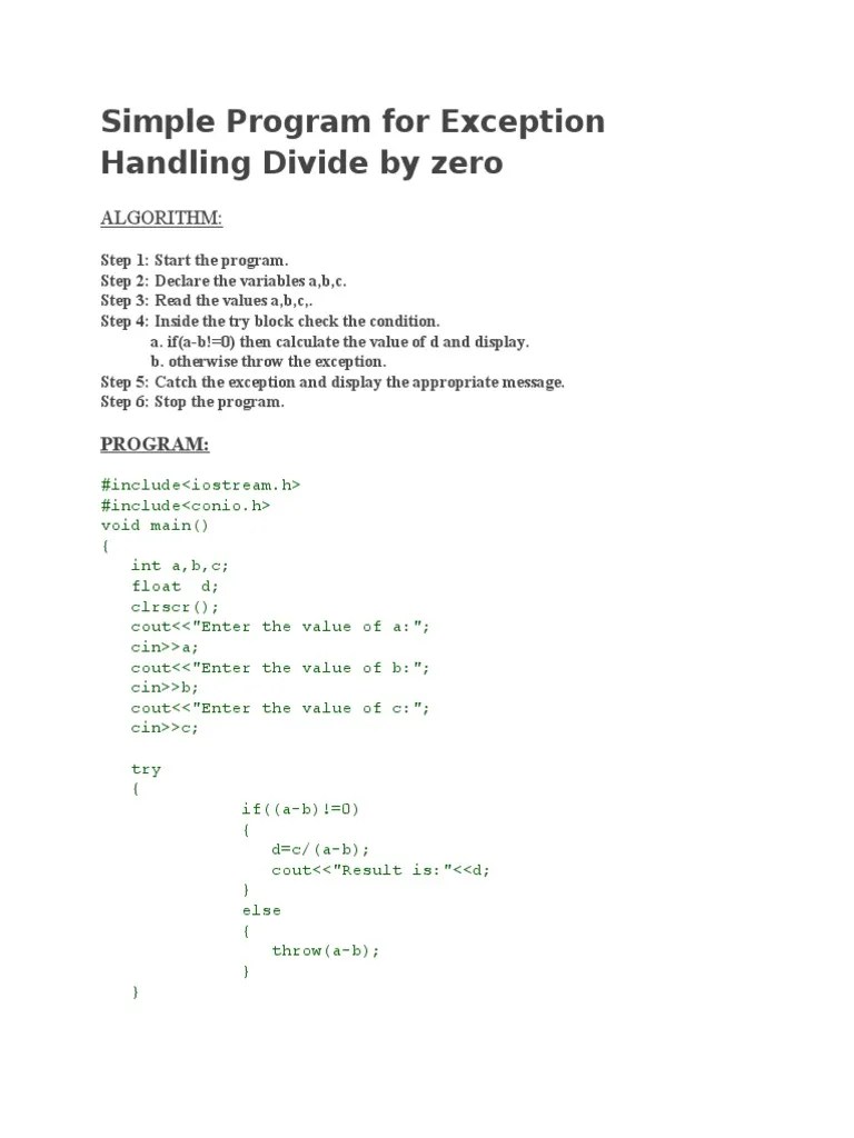 Simple Program For Exception Handling Divide by Zero Algorithm PDF