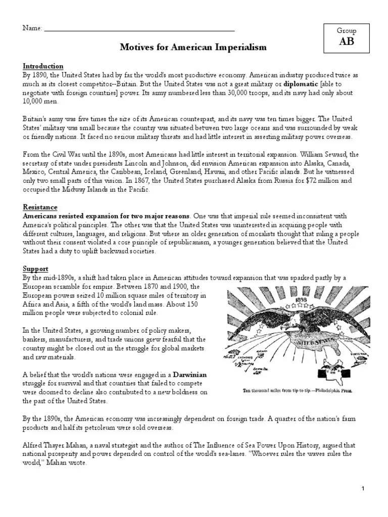 Motives For Imperialism Worksheet Chapter 18 America Claims an