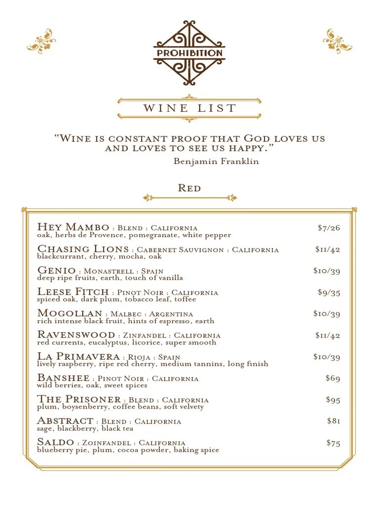 Prohibition Drinks menu February 2016 Anheuser Busch Brands Citrus