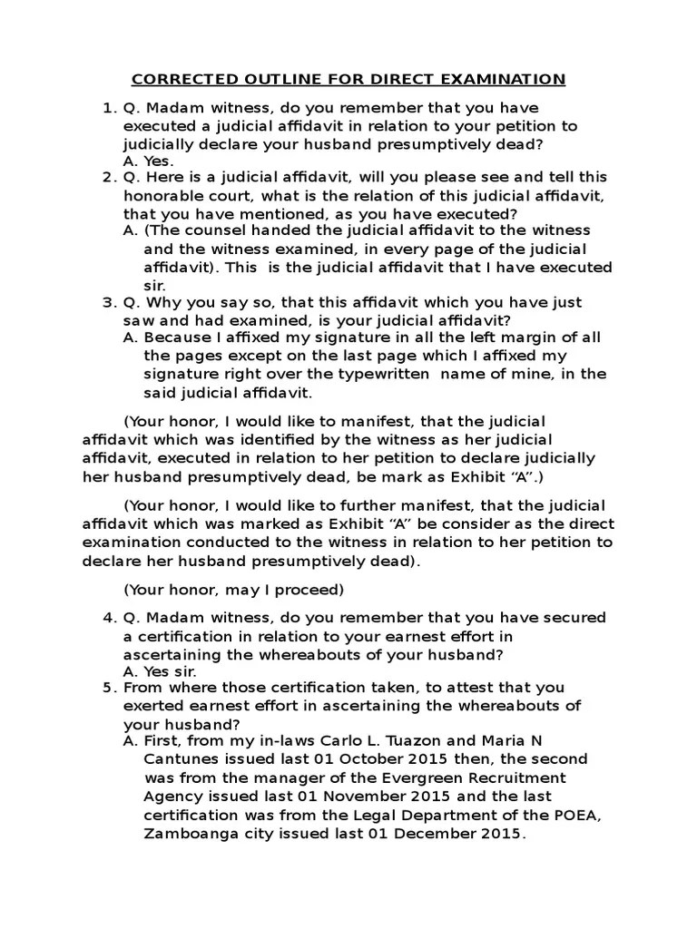 Corrected Outline For Direct Examination Legal Procedure Virtue