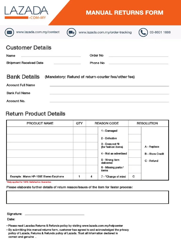 Manual Return Form Lazada PDF