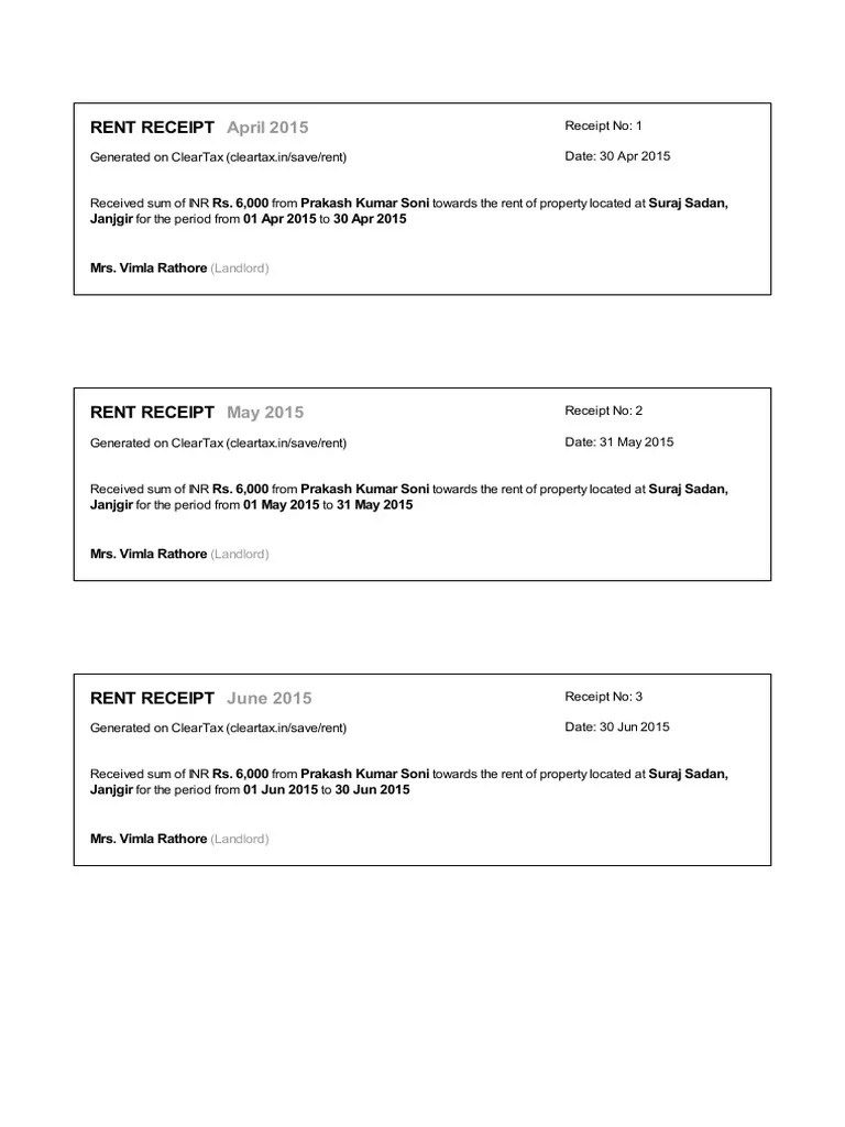 Rent Receipt Template Cleartax