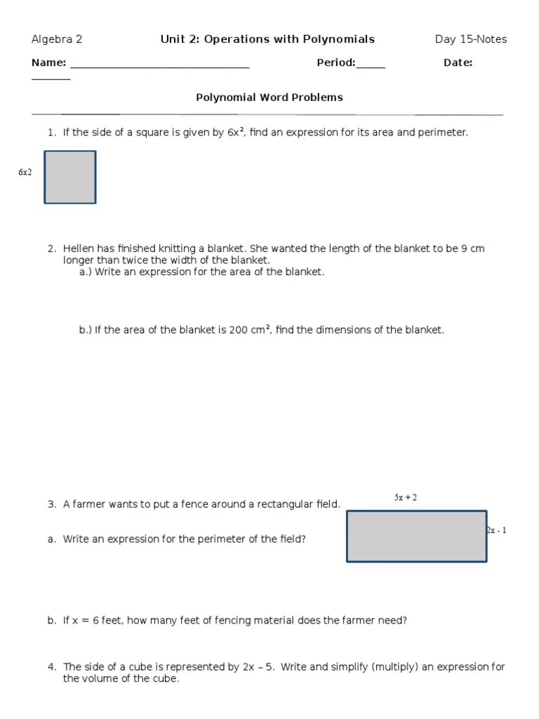 Polynomial Word Problems Worksheet Area Field