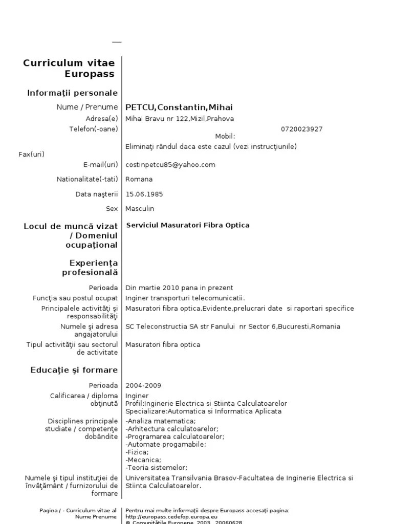 Model CV Curriculum Vitae European Romana PDF