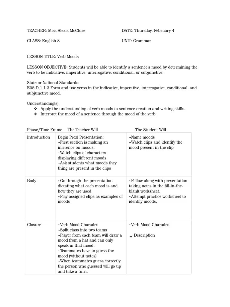 Verb Mood Lesson Plan Verb Phrase