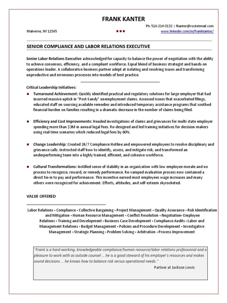 Director Labor Employee Relations in New York City Resume Frank Kanter