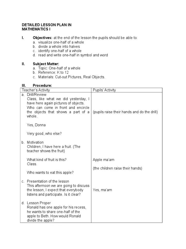 Detailed Lesson Plan in Mathematics Lesson Plan Teaching