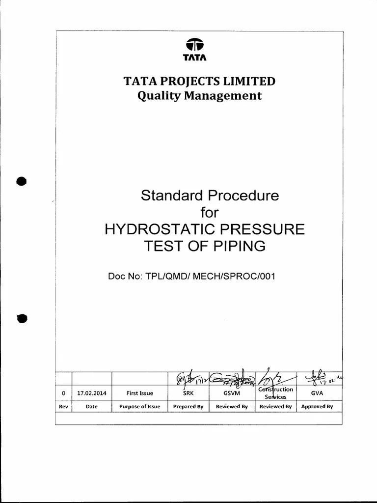 001 Standard Procedure For Hydrostatic Pressure Test of Piping PDF Energy Technology