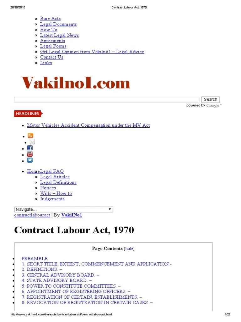 Contract Labour Act, 1970 Legal Personality Employment Free 30