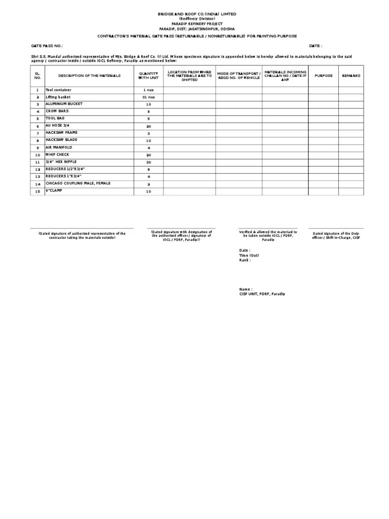 Material Gate Pass Returnable 123 Bridge Equipment