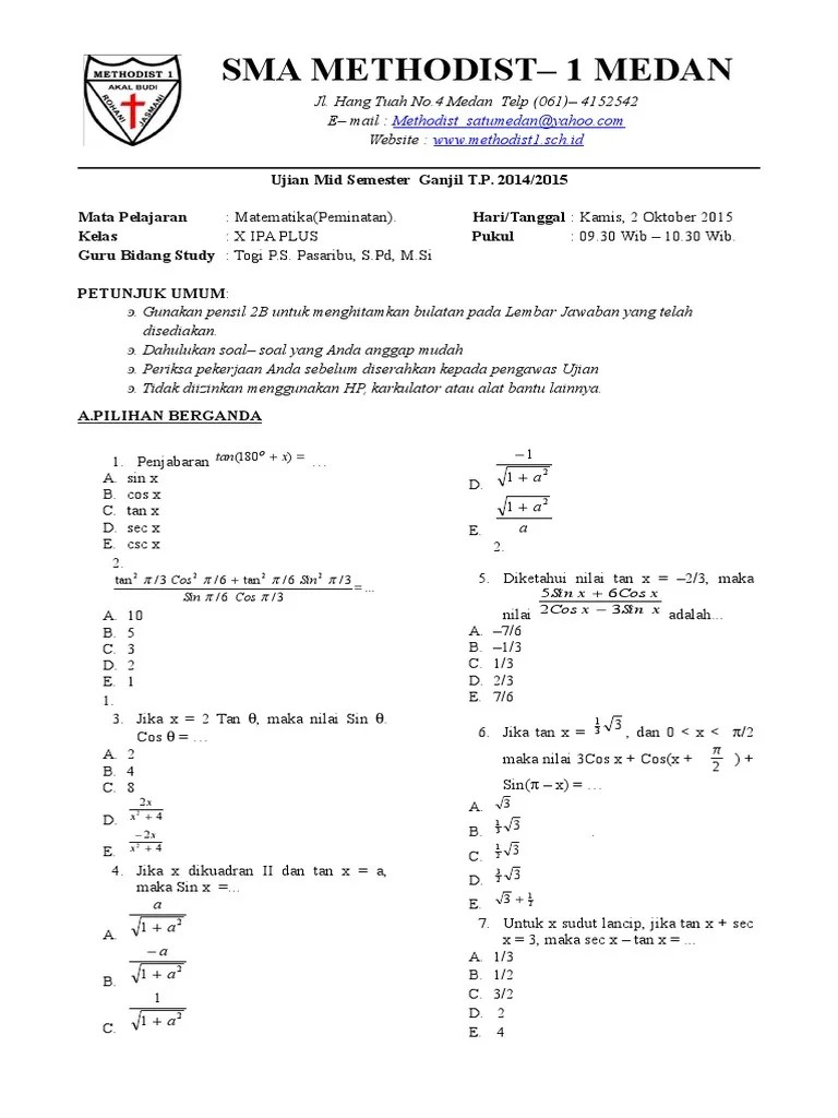 Soal Uts Matematika Wajib Kelas 10 Semester 2 Dan Pembahasannya
