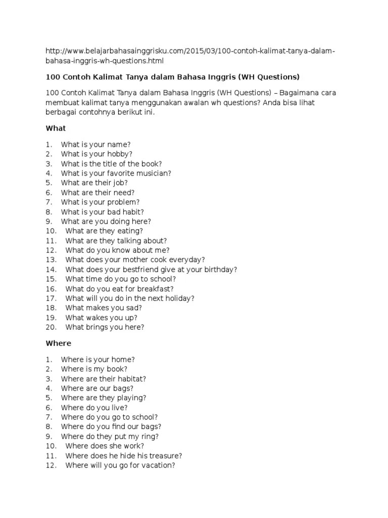 14+ Contoh Soal Bahasa Inggris Wh Question Kumpulan Contoh Soal
