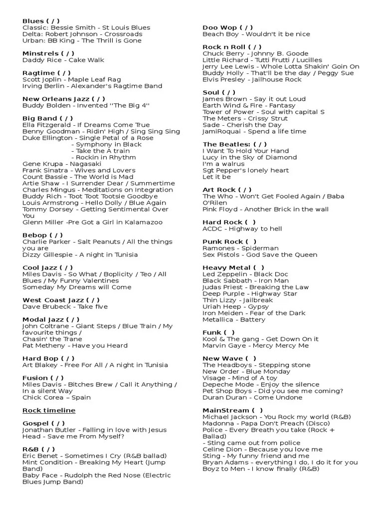 Contemporary Music Example List PDF Jazz Rock Music