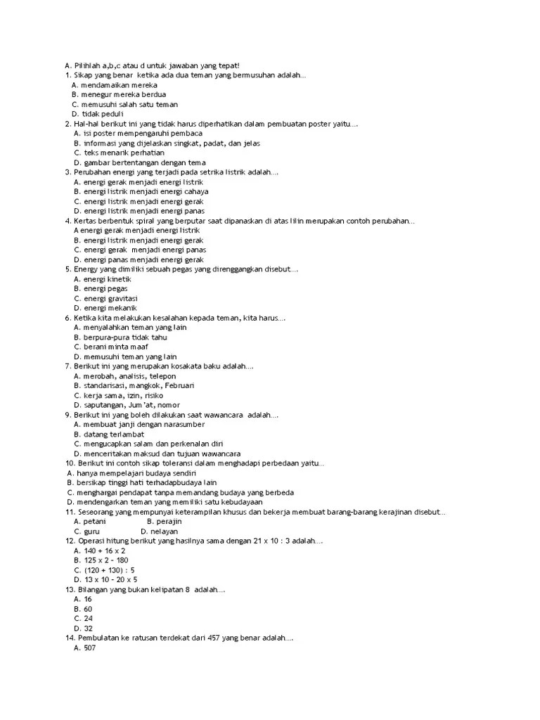 LATIHAN SOAL KELAS 4 SEMESTER 1 k13