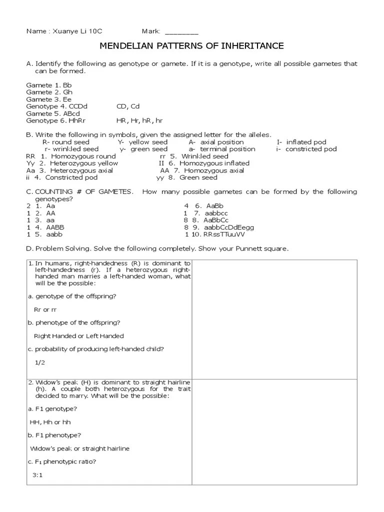 Worksheet on Mendelian Patterns of Inheritance Genotype Zygosity