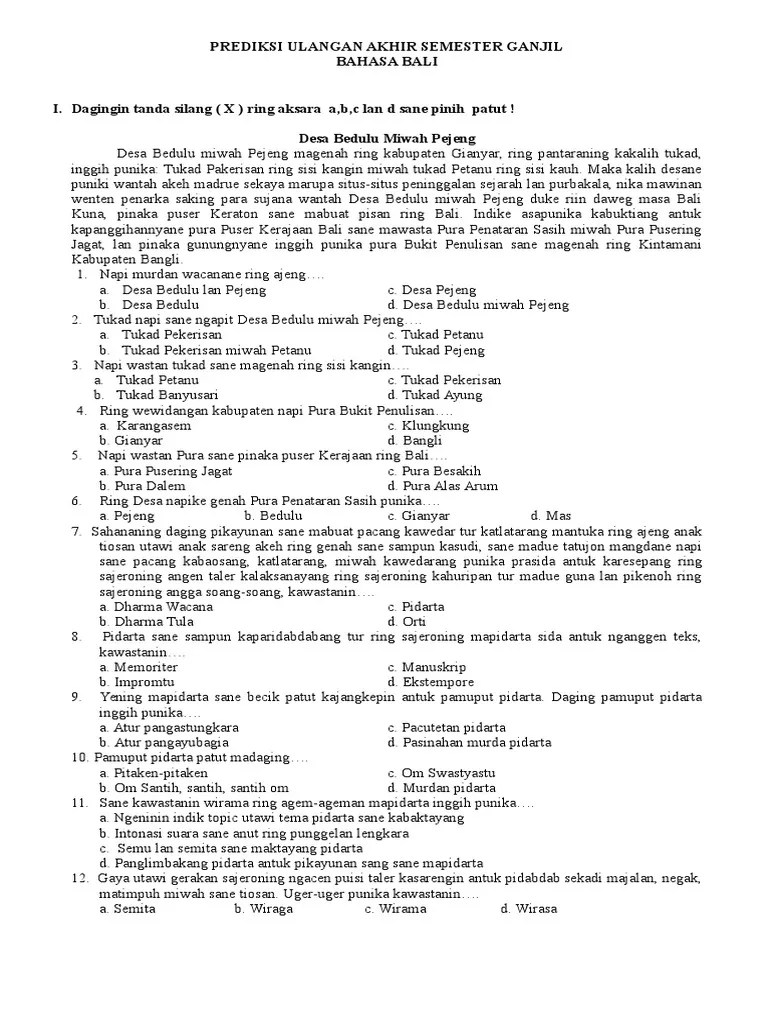 Soal Ulangan Akhir Semester 1 Bahasa Bali Kelas 9 PDF
