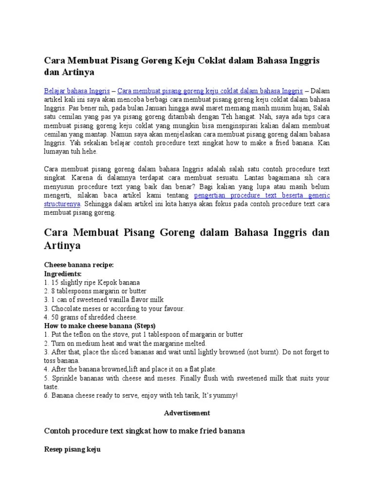 Cara Membuat Pisang Goreng Keju Coklat Dalam Bahasa Inggris Dan Artinya |  PDF