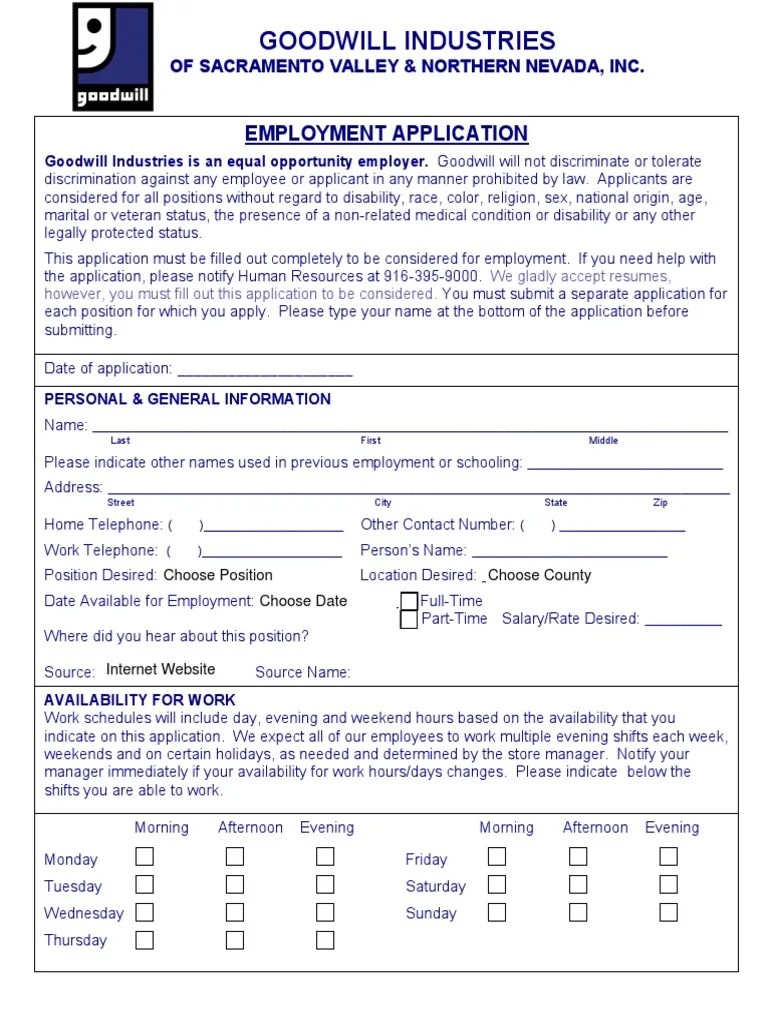Goodwill Employment Application PDF Overtime Workweek And Weekend