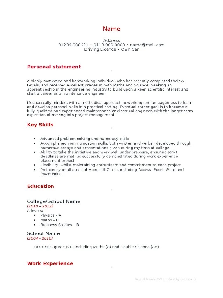 School Leaver CV Template PDF Science Cognition