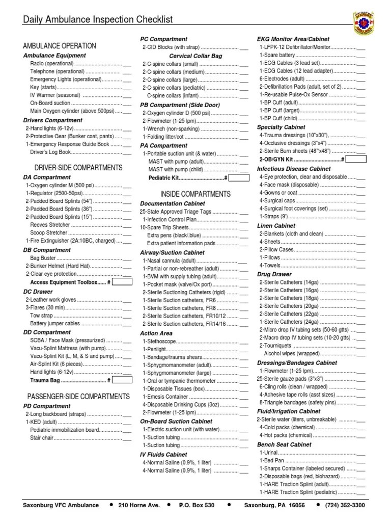 Ems i Inspection Checklist Medical Specialties Medical Equipment