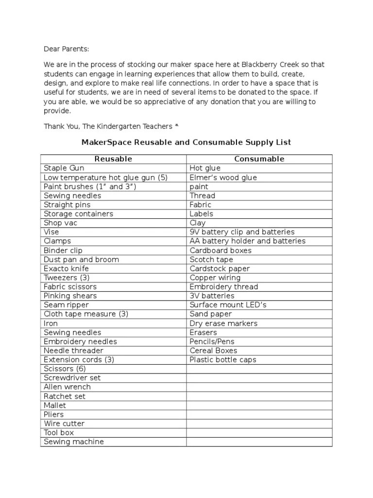 Makerspace Reusable and Consumable Supply List PDF