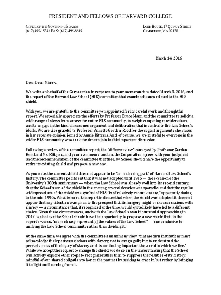 Harvard Corp Letter Shield Harvard Law School Politics