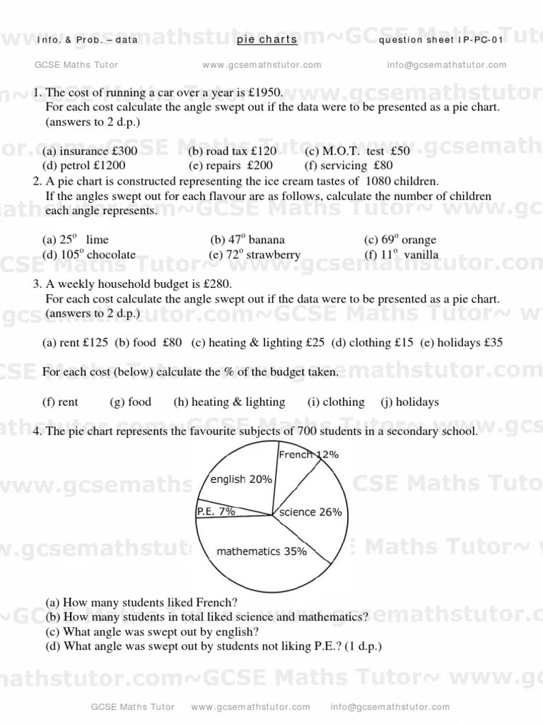 Pie Charts Worksheet, Representing Data From GCSE Maths Tutor
