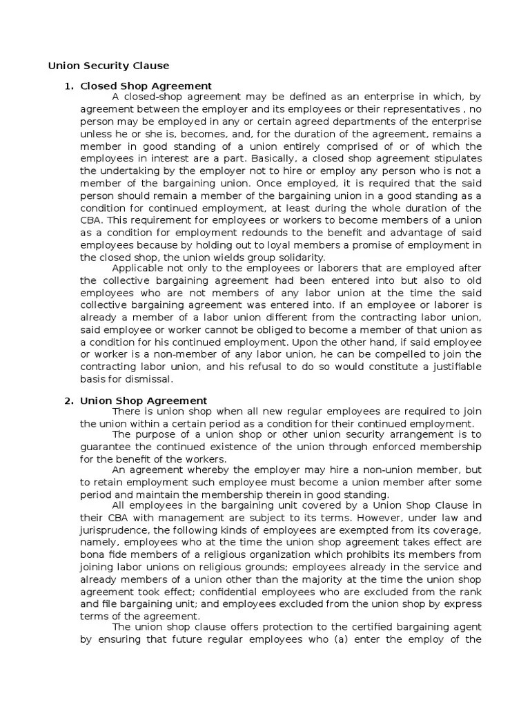 Union Security Clause Trade Union Collective Bargaining