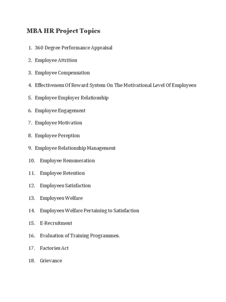 MBA HR Project Topics PDF Human Resource Management Employee