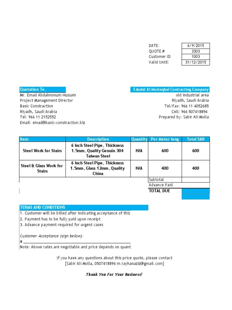 Quotation for Steel Work Business