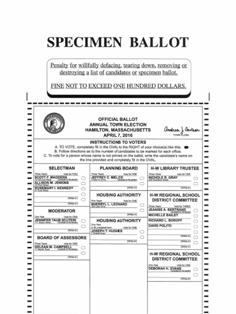 Specimen Ballot for the Hamilton Annual Town Election
