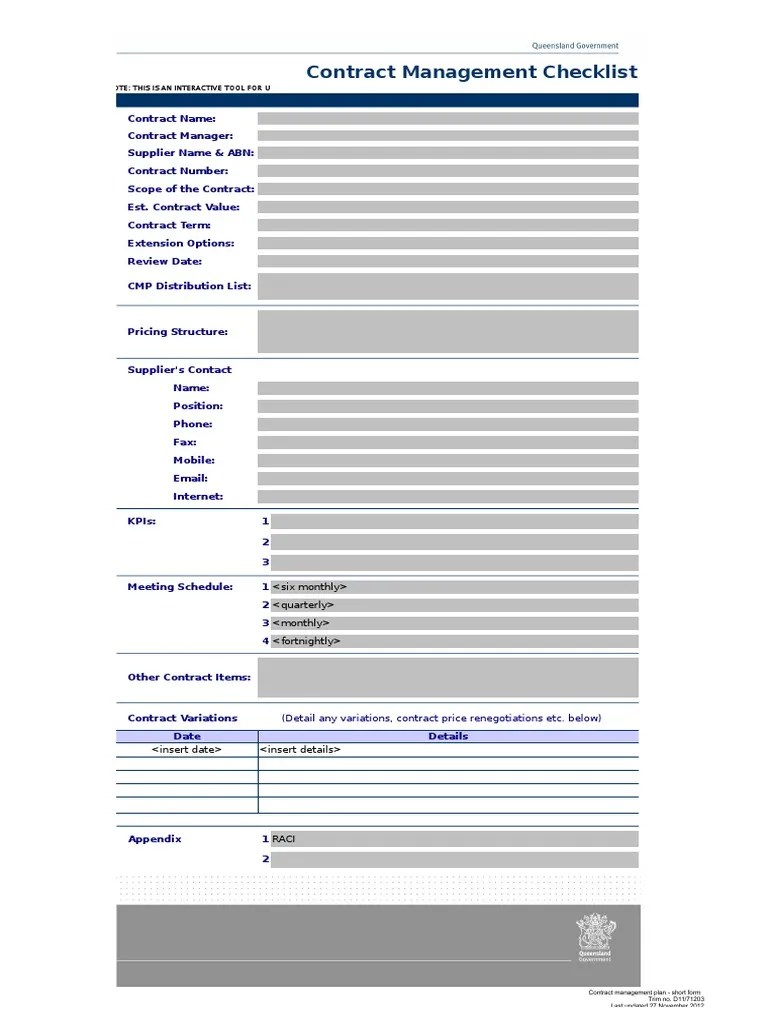 Contract Management Checklist Template Computing Technology