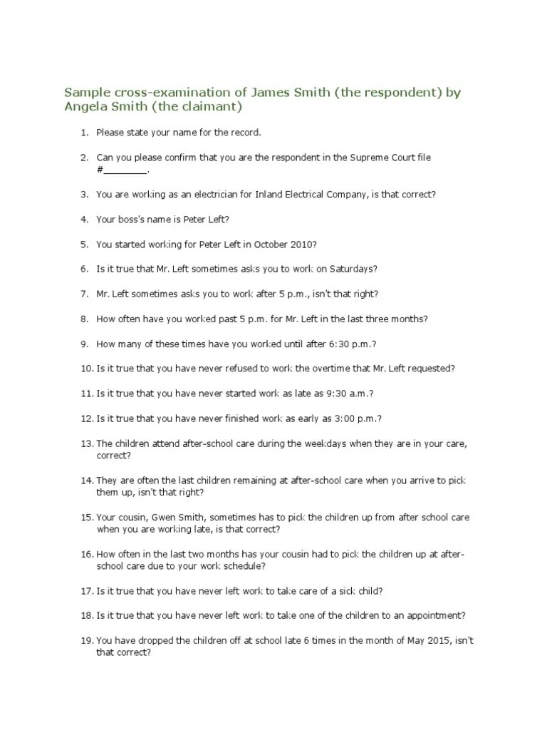 Sample Cross Examination Question Witness Cross Examination