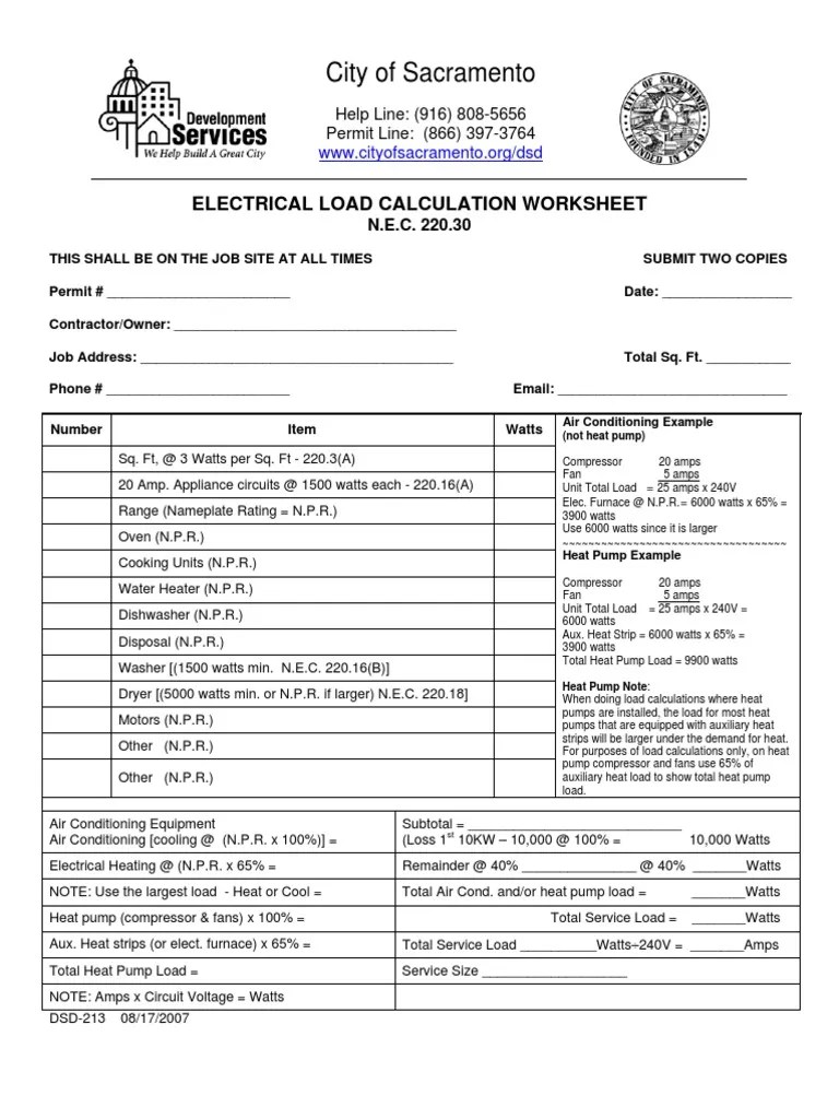 Dsd213 Electrical Load Calculation Worksheet