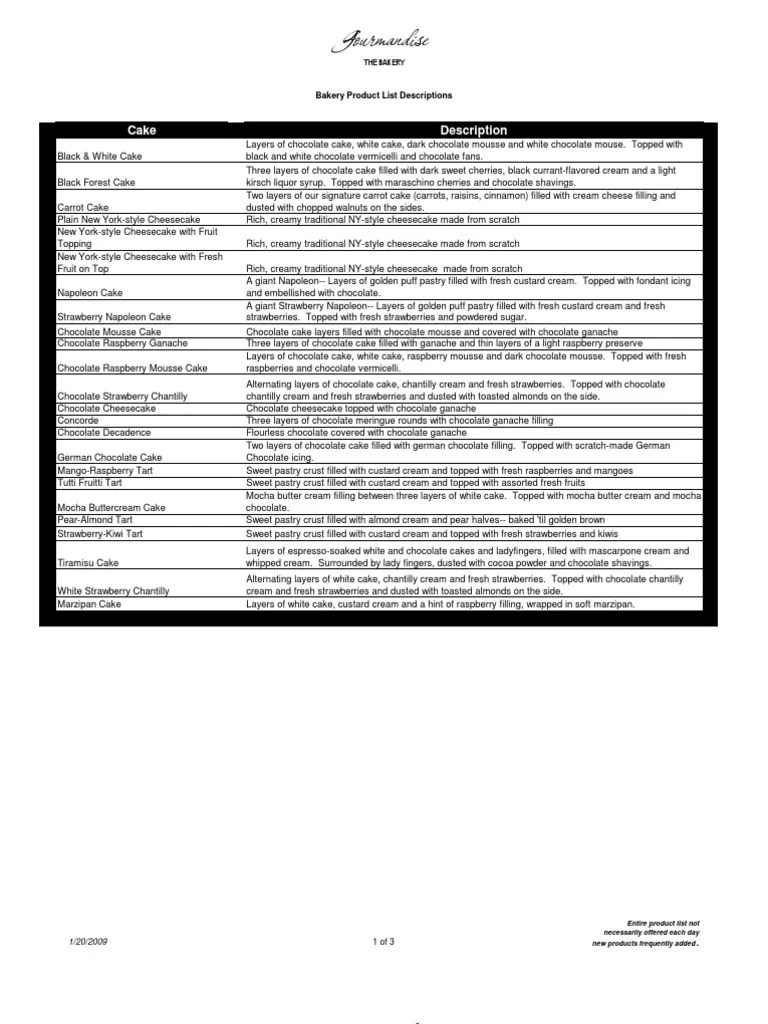 Gourmandise Bakery Product List Descriptions Cakes Cheesecake