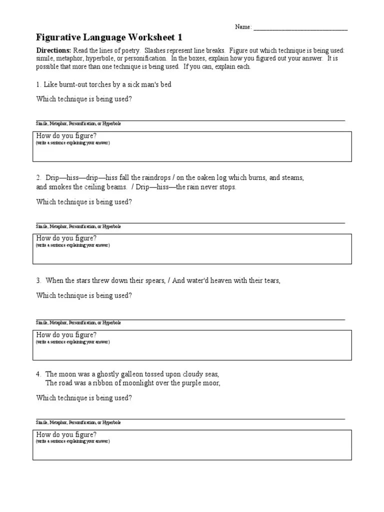 Figurative Language Worksheet 01 Metaphor Philology