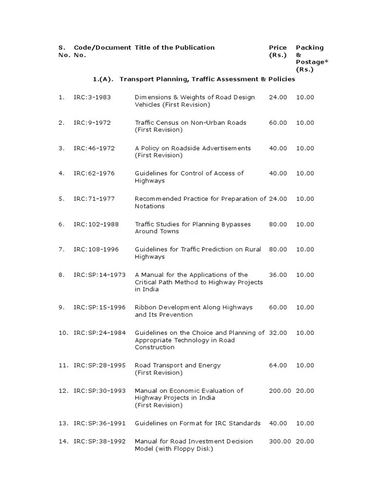 List of IRC Codes PDF Road Surface Asphalt