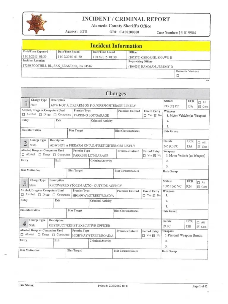 Alameda County Sheriff Incident Report PDF