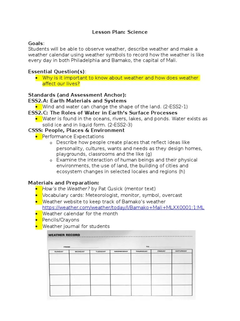 Sample Lesson Plan Science PDF Weather Water