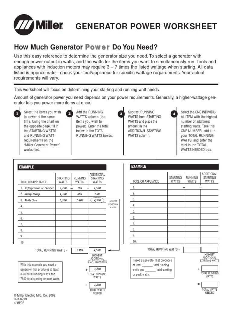 Generator Power Worksheet