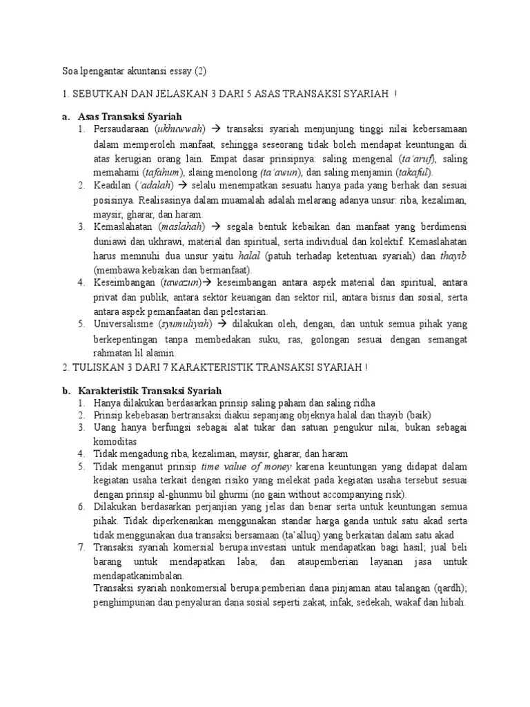 Soal Pengantar Akuntansi Transaksi Syariah (2) Essay