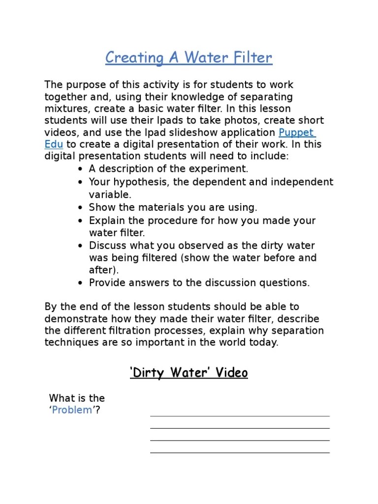 Water Filter Activity PDF Filtration Nature