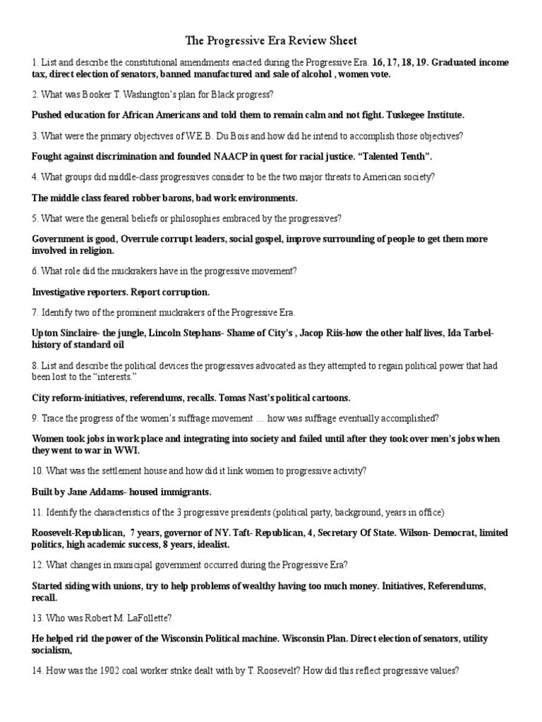 Progressives Review Sheet Answers Progressive Era Progressivism In