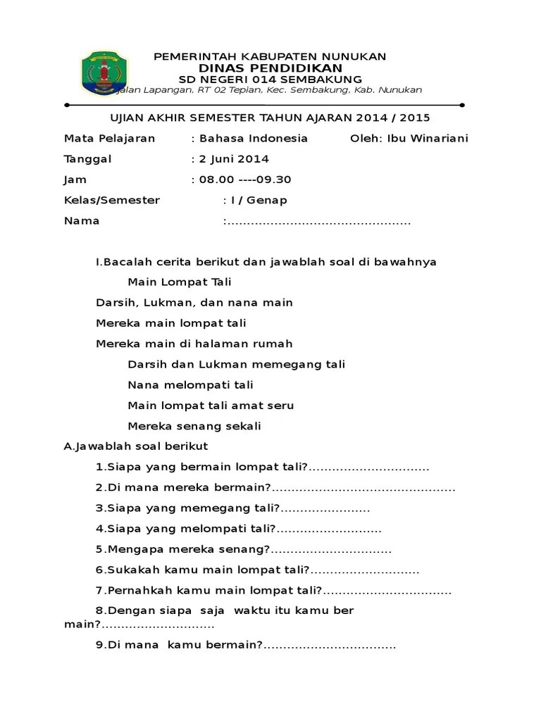 Soal Ujian Kelas 1 SD Bahasa Indonesia | PDF