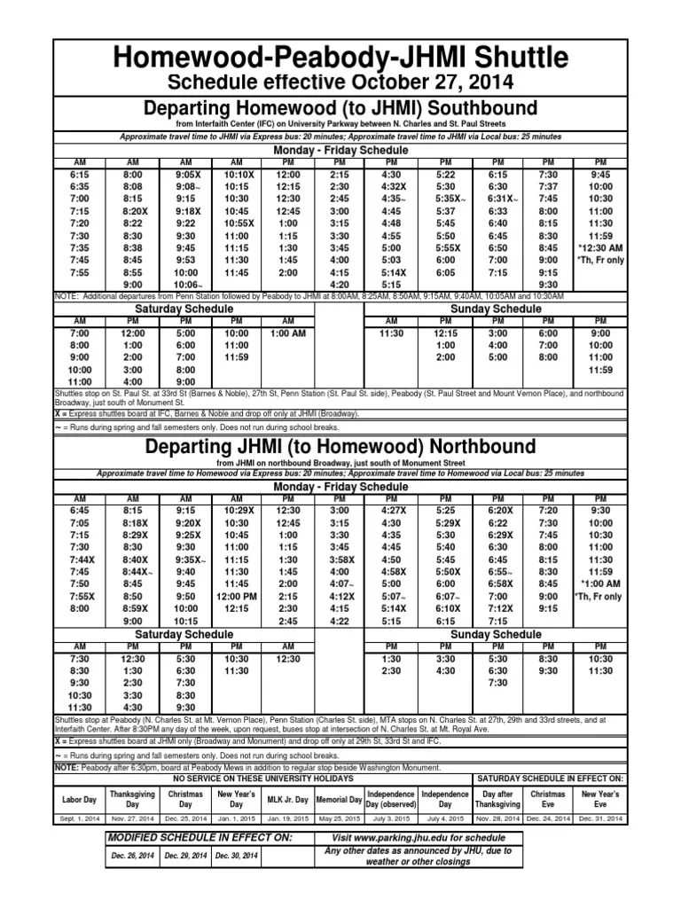 Homewood JHMI Shuttle Schedule PDF Transport Business